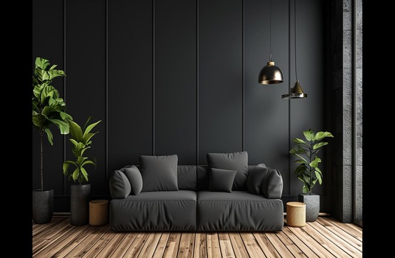 A Black Finish Luxury Room Interior Design with Sofa and Indoor Plants - Nest Home Furniture