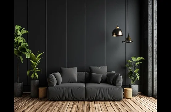 A Black Finish Luxury Room Interior Design with Sofa and Indoor Plants - Nest Home Furniture